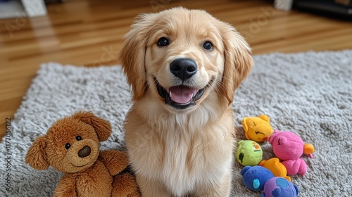 Happy golden retriever puppy playing with stuffed toys in a cozy living room ...