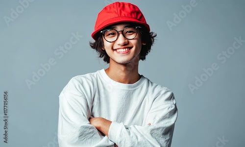 Young man, red cap, glasses, arms crossed, studio