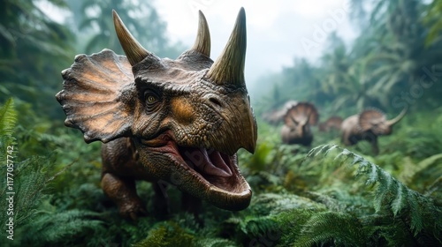 A fierce triceratops roars within a lush prehistoric forest, accompanied by its herd, illustrating themes of survival, power, and ancient natural history. photo