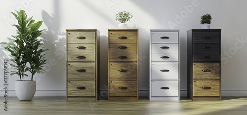 A 3D render of a modern file cabinet with wood grain texture