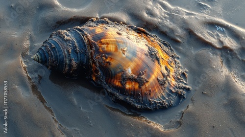 Waves gently wash over colorful seashells on a sunlit beach in a coastal para...