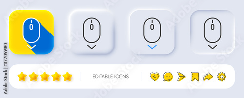 Scroll down mouse line icon. Neumorphic, Flat shadow, 3d buttons. Scrolling screen sign. Swipe page. Line scroll down icon. Social media icons. Vector