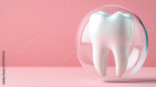 The image depicts a detailed white tooth inside a protective glass sphere on a pink background, symbolizing the importance of dental protection and cleanliness.