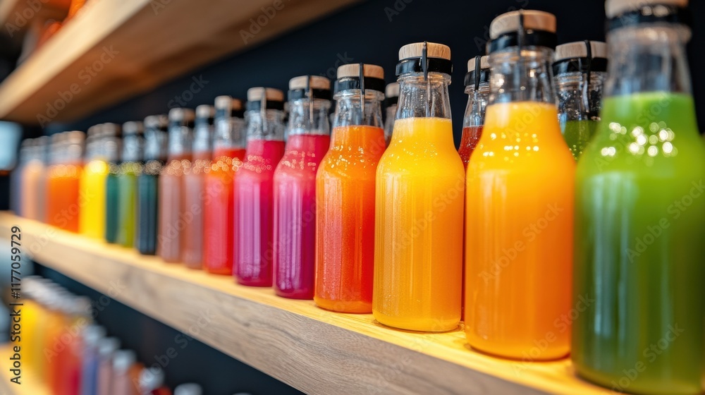 Vibrant collection of freshly made juices on display in cafe Vibrant collection of freshly made juices on display in cafe