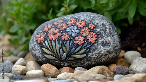 Beautifully painted rock with sunflower design on a bed of pebbles in a natur...