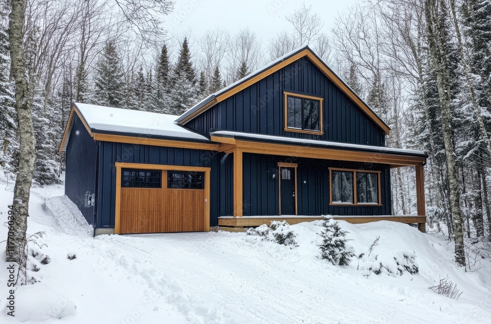 Cozy winter cabin surrounded by snow-covered trees in the woods Cozy winter cabin surrounded by snow-covered trees in the woods