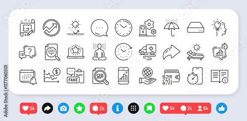 Architect plan, Lounger and Qr code line icons pack. Social media: share, comment, like icons. Sun protection, Check article, Dollar rate web icon. Vector