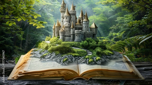 A magical forest reveals an enchanted castle emerging from the pages of an open book