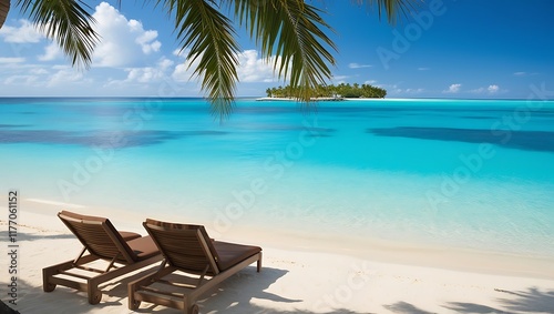 A beach with a blue sky with a beach scene background