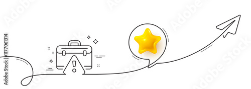Warning briefcase line icon. Continuous line with share plane. Attention triangle sign. Caution diplomat symbol. 3d star in speech bubble. Warning briefcase single line ribbon. Vector