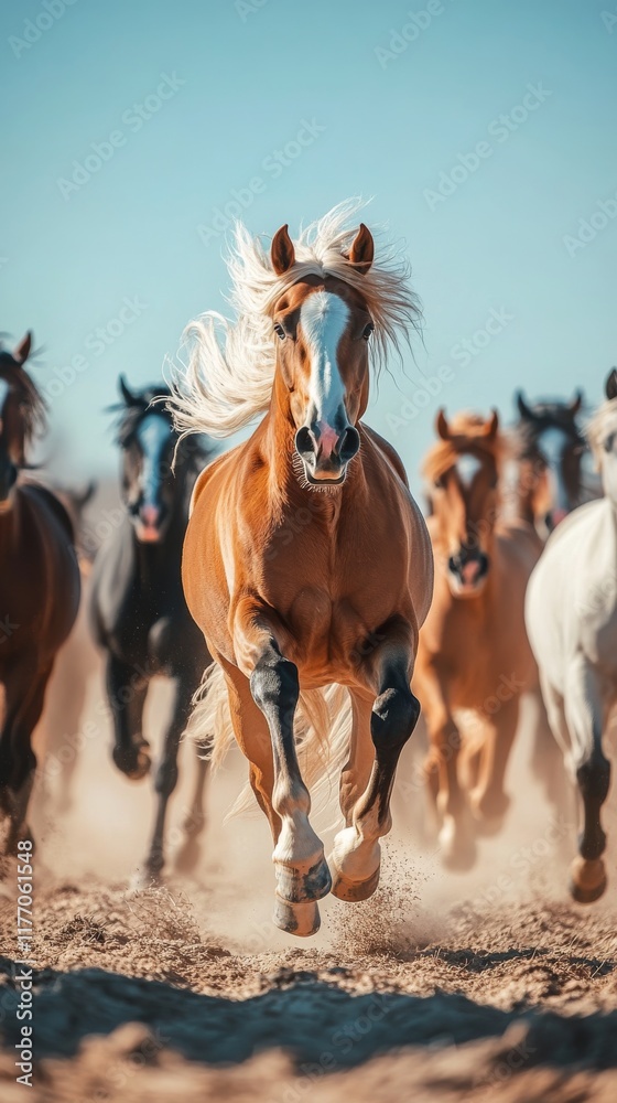 Horses running swiftly through golden fields under a blue sky with fluffy clouds Horses running swiftly through golden fields under a blue sky with fluffy clouds
