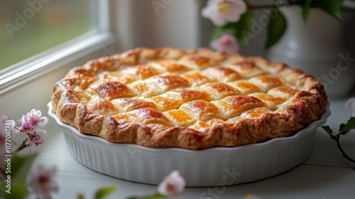 Homemade apple pie cooling on a windowsill with blooming flowers in a cozy ki...