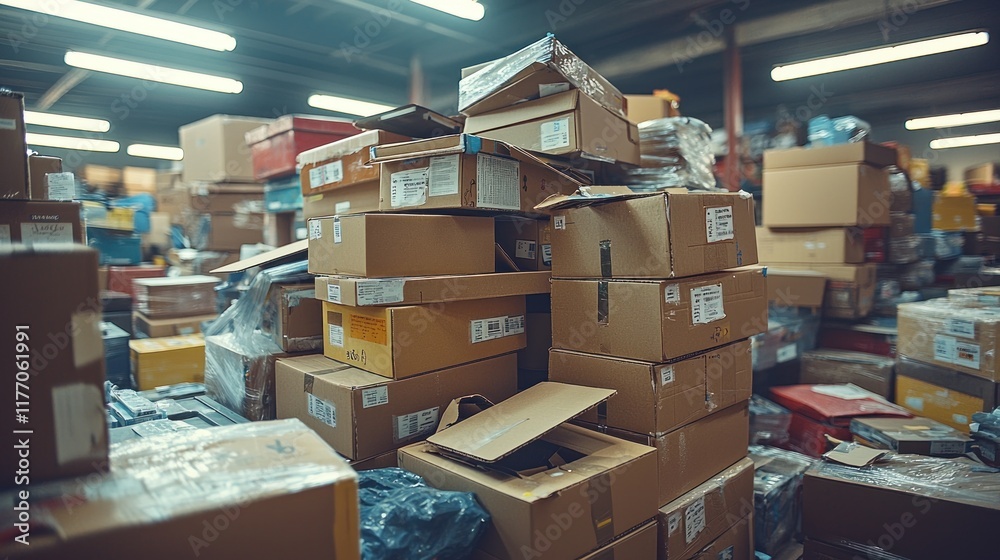 Obraz premium Cardboard boxes piled high in a dimly lit warehouse, suggesting storage or shipping, with more boxes in the background
