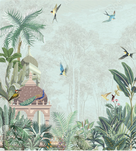 Traditional Mughal garden wallpaper, Seamless, Peacock, Birds, Watercolor Background
