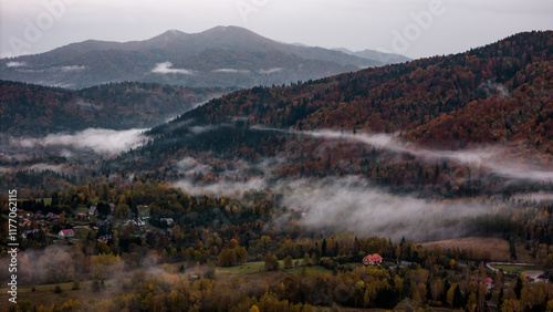 Fototapeta Naklejka Na Ścianę i Meble -  Bieszczady Mountains Landscape in Misty Autumn Fog