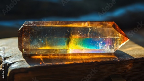 Colorful crystal resting on an old book in warm, natural light
