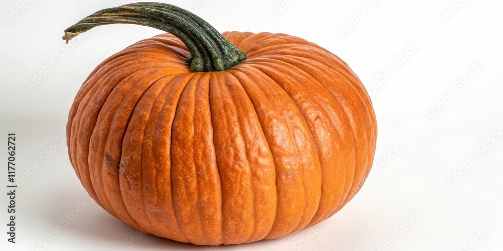 Obraz premium A single, ripe pumpkin with a deeply ridged surface and a sturdy stem rests on a plain white background.