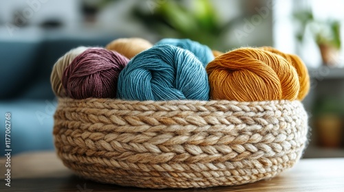 Colorful yarn balls displayed in a woven basket at a craft store in a cozy se...