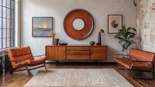 Modern living room design featuring a mountain landscape art piece and stylis...