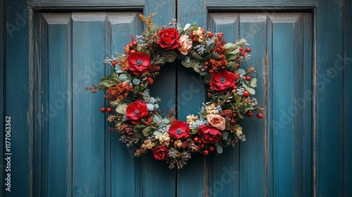 Colorful floral wreath hanging on a blue wooden door in a rustic setting
