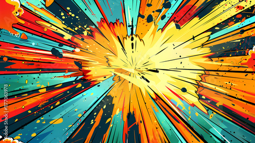Comic book explosion background with radial lines and dots ,A vibrant abstract artwork featuring a burst of colorful lines on a dark backdrop