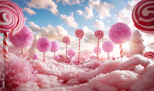 Oversized lollipops and candy cane trees under fluffy cotton candy skies