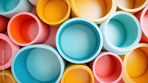 A close-up of stacked, brightly colored circular containers showcasing a harmonious blend of textures and tones, emphasizing artistic and abstract harmony.