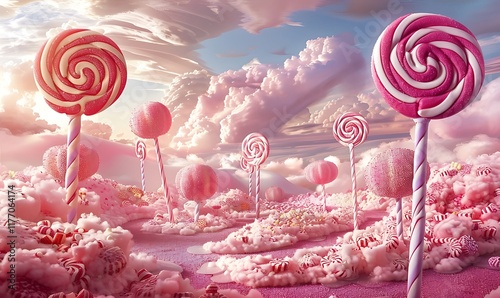 Cotton candy clouds float above a landscape of lollipops and candy canes