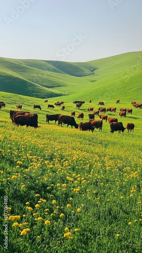 Cows grazing peacefully in lush green pasture during sunset in a mountainous ...