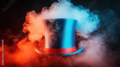 A classic top hat is dramatically surrounded by swirling red and blue smoke, conjuring an atmosphere of magic and wonder, ideal for themes of curiosity and awe. photo