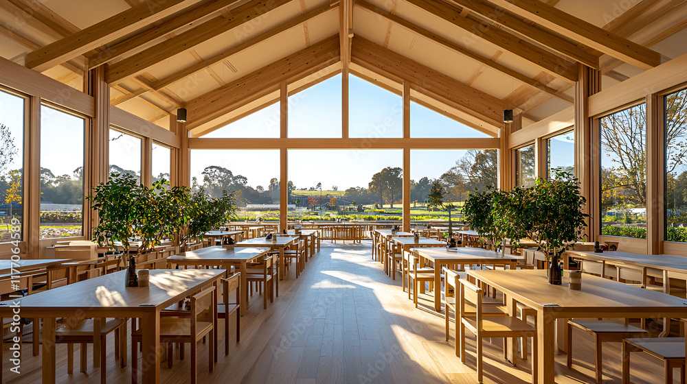 Obraz premium Sunlit restaurant interior with large windows, wooden tables, chairs, and high ceilings.
