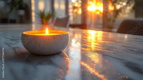 Relaxing ambiance created by a glowing candle on a marble table during sunset