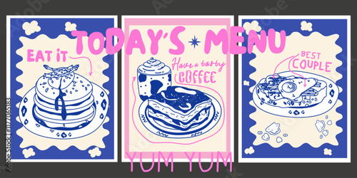 Abstract poster in retro style for the kitchen and cafe. Vintage hand drawn illustration of breakfast food and coffee. Art for poster design, wall decor, background, prints. Bon appetit text
