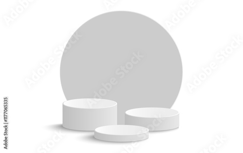 Empty white circle podium, pedestal and platform, stand stage, column platform pillar.