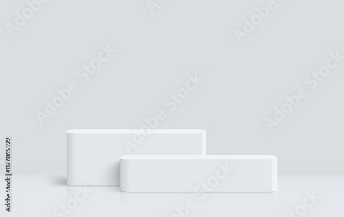 3D white round steps podium. Minimal empty mockup abstract product display presentation. Platforms vector geometric design.