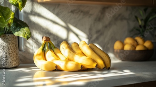 Freshly ripened bananas resting on a kitchen countertop with morning light il...