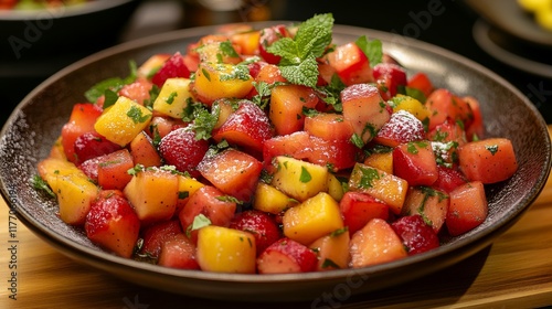 Fresh fruit salad with mint served in a rustic bowl at a summer gathering