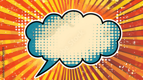 comic book pop art with black speech bubble for background cover presentation ,Comic text empty speech bubble banner, yellow strip radial halftone background
