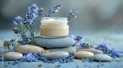 Fresh natural yogurt topped with herbs and flowers arranged on a light surfac...