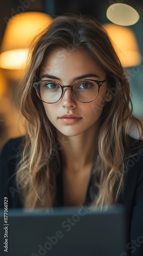 Young woman focused on laptop screen in cozy indoor setting during evening hours
