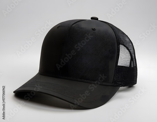 Blank trucker shining hat mockup isolated on a dark white greyish background photography closeup shot
