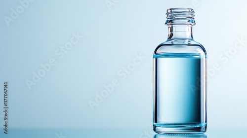 An elegantly crafted clear glass bottle filled halfway with a pristine liquid, beautifully set against a light blue backdrop, highlighting its modern design. photo