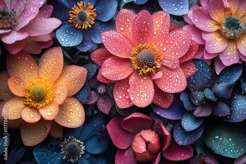 Colorful flowers with water droplets in a vibrant display during a rainy day ...