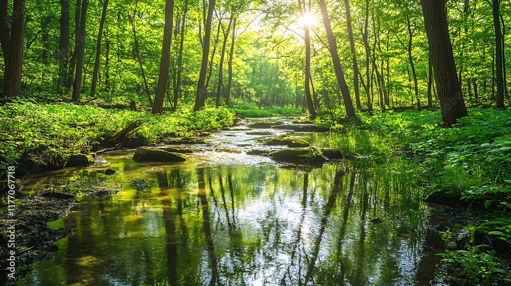 A tranquil forest stream with moss covered rocks and vibrant green plants A tranquil forest stream with moss covered rocks and vibrant green plants