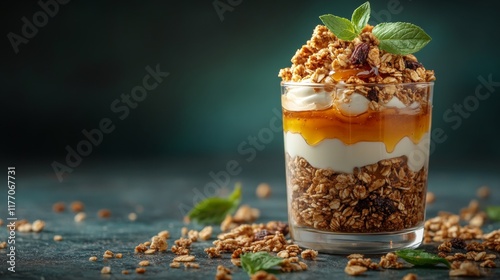 Perfectly layered raspberry granola parfait in a glass jar with fresh mint an...