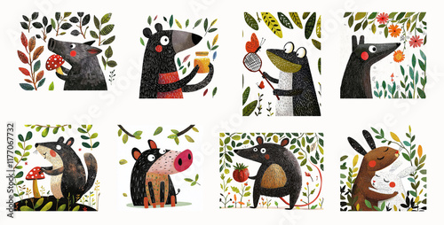 A group of various wild animals in the forest. A set of cute animal illustrations for a childrens book. AI-generated illustration