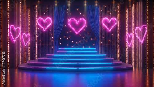 A grand stage adorned with neon pink heart lights, blue steps, and glowing curtains for a romantic celebration.