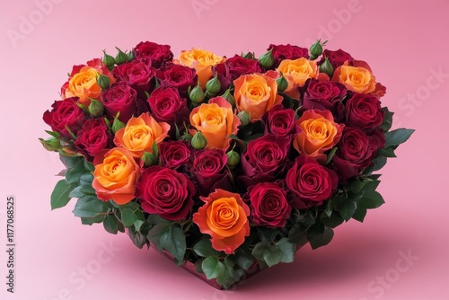 Colorful rose arrangement shaped like a heart on a pink background for romant...