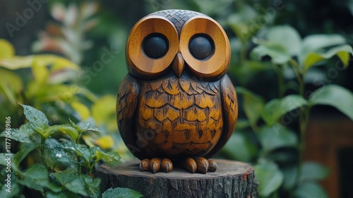Crafted wooden owl sculpture perched on a log surrounded by lush green foliage