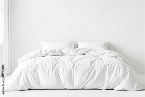 White bed with fluffy duvet and pillows in a minimalistic interior, soft lighting, white background, concept of relaxation and comfort. Ai generative
